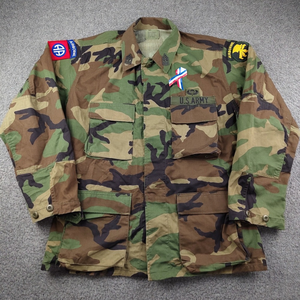 VTG 90s Army Combat Coat Mens Medium Woodland Camo 82nd Airborne Patches EUC
